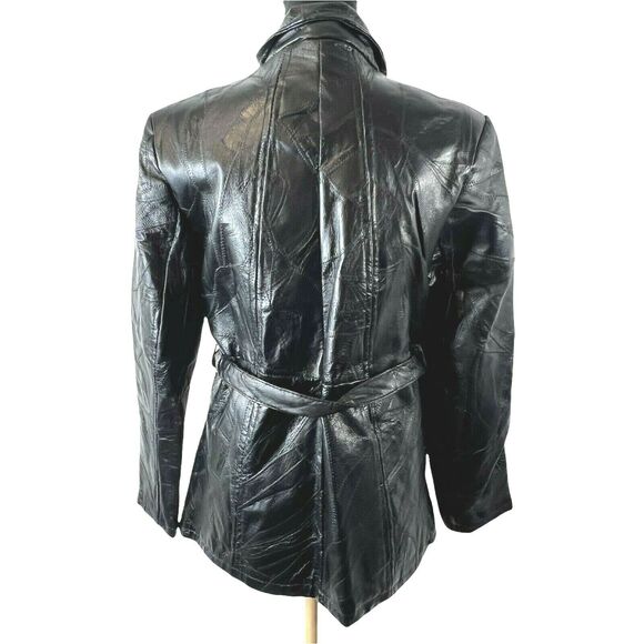 Vintage Navarre Genuine Leather Patchwork Black Belted Trench‎ Coat Womens Med - Picture 5 of 6